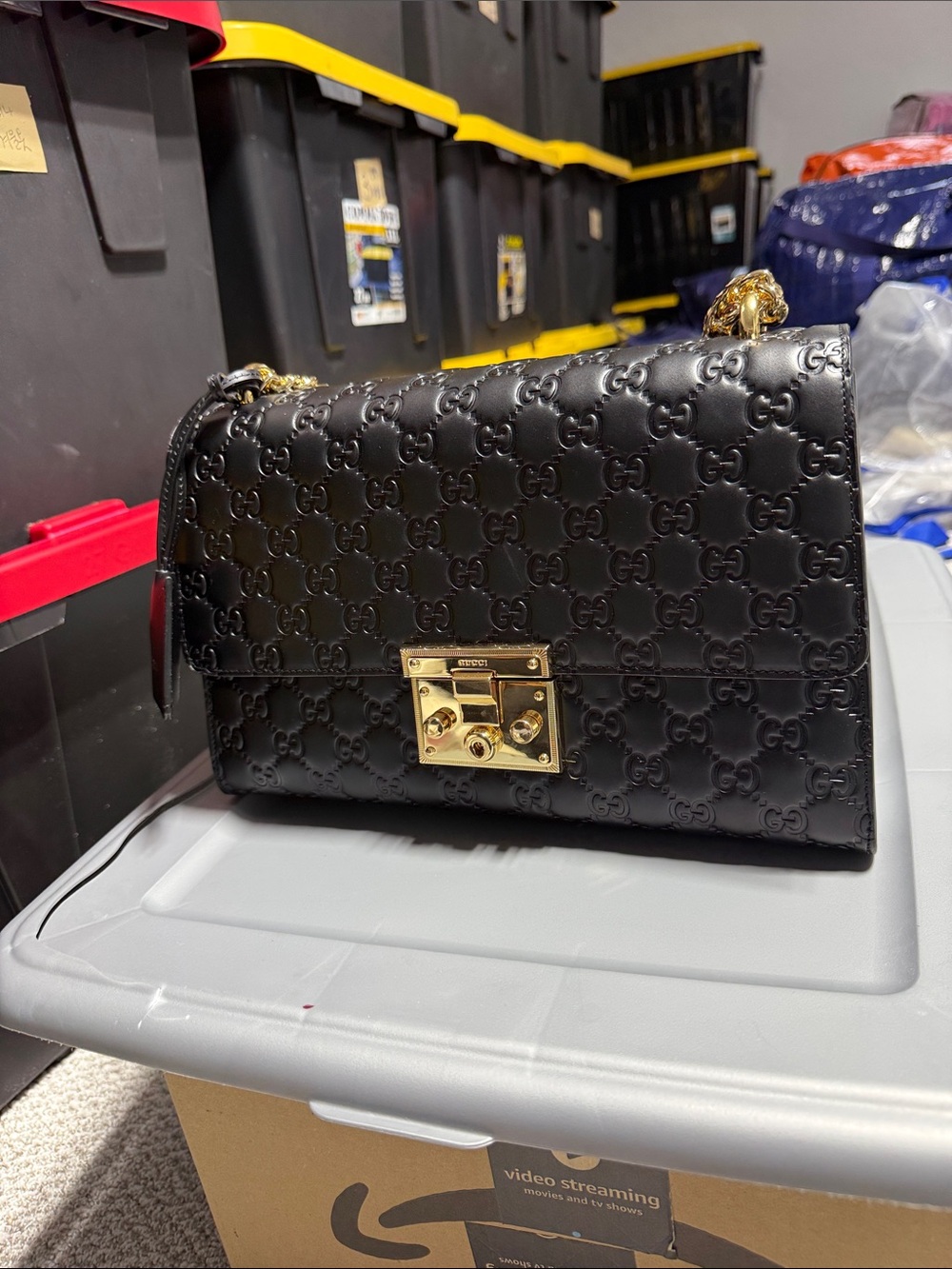 Gucci Black Embossed Leather Shoulder Bag with Gold Lock
